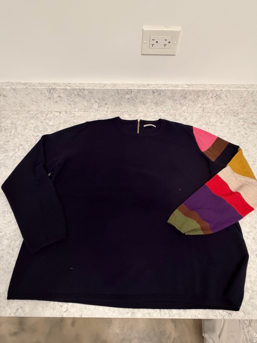 Navy Crewneck Sweater with Multicolor Statement Left Sleeve